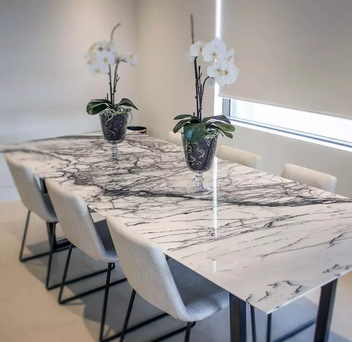 Keukentafels van kunstmatige en natuursteen (48 foto's): marmeren tafels voor keuken, glijdende granieten steenmodellen en andere opties 21079_4