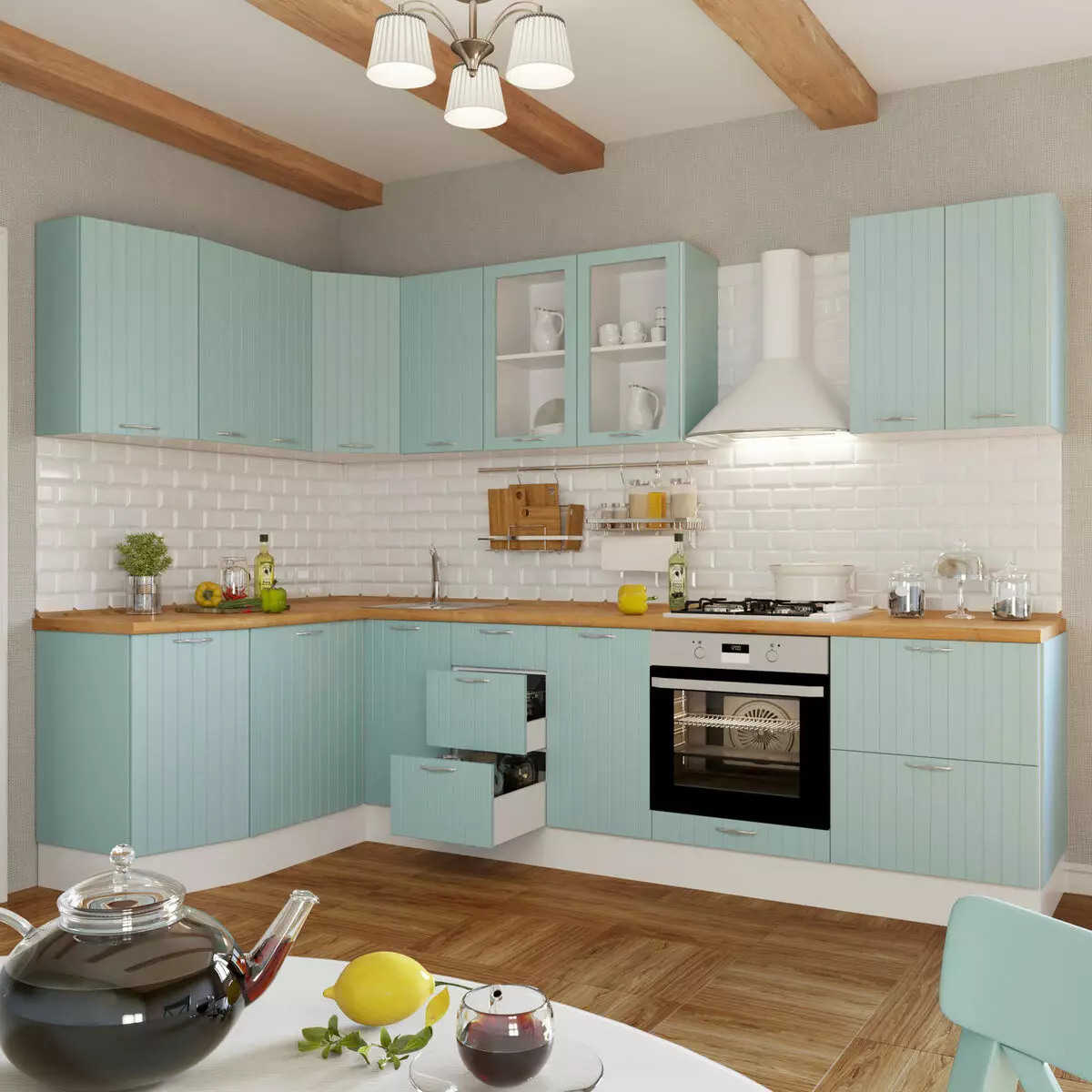 ミントキッチン（58枚の写真）：内部にミント色のキッチンヘッドセットを選択します。白とグレーミント光沢のあるヘッドの設計。壁には壁紙と組み合わせ 21080_14