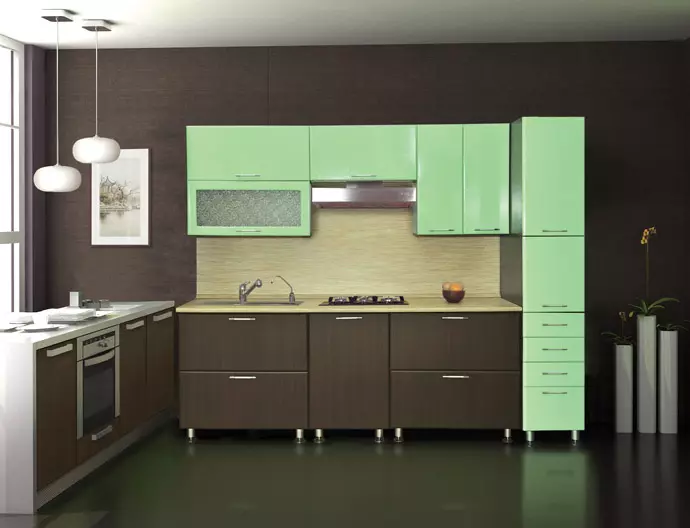 ミントキッチン（58枚の写真）：内部にミント色のキッチンヘッドセットを選択します。白とグレーミント光沢のあるヘッドの設計。壁には壁紙と組み合わせ 21080_30