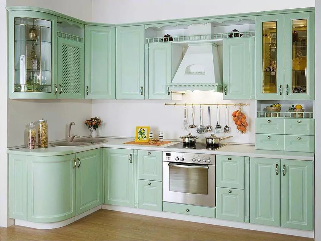 Pistachio厨房（64张照片）：选择厨房耳机彩色开心果在厨房内部。用壁纸壁纸是什么颜色的角落和直接头？ 21082_19