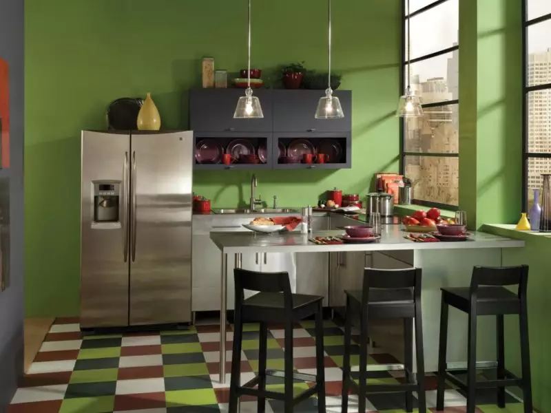 Pistachio кујни (64 фотографии): Избор на кујна слушалки во боја ф'стаци во внатрешноста на кујната. Со Wallpaper Која боја е аголот и директните глави? 21082_20