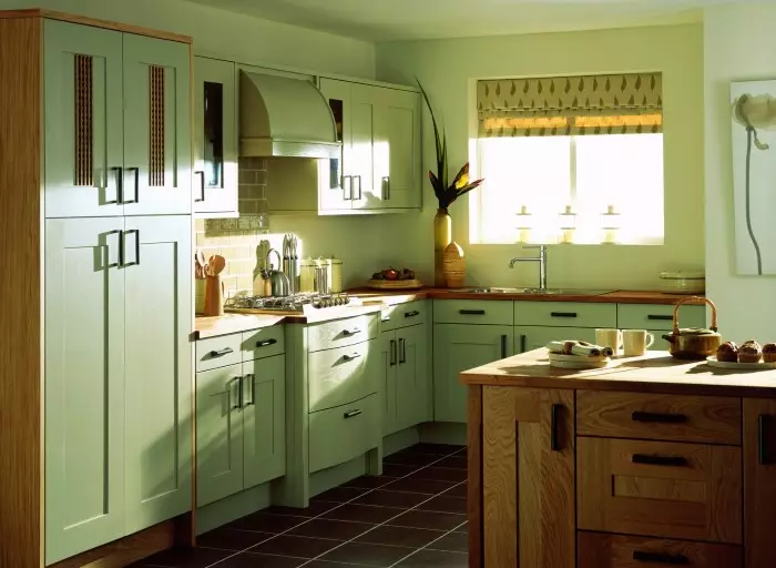 Pistazienküchen (64 Fotos): Auswahl eines Küchenheilkastens Farbe Pistazien in der Küche Interieur. Mit Tapete Welche Farbe hat die Ecke und die direkten Köpfe? 21082_34