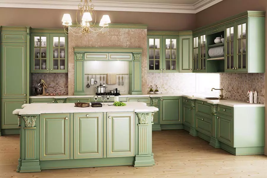 Fıstıklı Mutfaklar (64 Fotoğraf): Mutfak iç mekanında bir mutfak kulaklık renk fıstığı seçimi. Duvar kağıdı ile köşe ve doğrudan kafalar ne renk? 21082_45