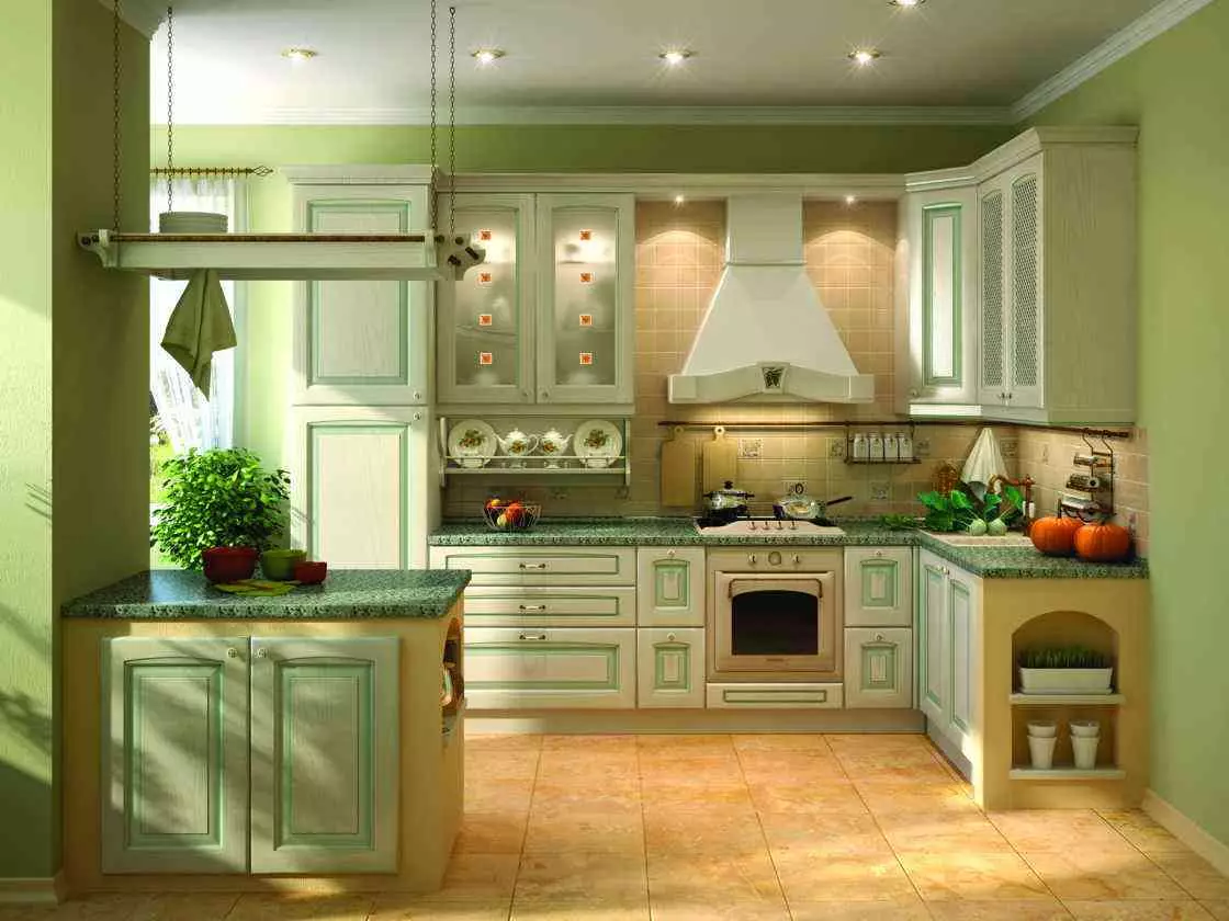 Fıstıklı Mutfaklar (64 Fotoğraf): Mutfak iç mekanında bir mutfak kulaklık renk fıstığı seçimi. Duvar kağıdı ile köşe ve doğrudan kafalar ne renk? 21082_55