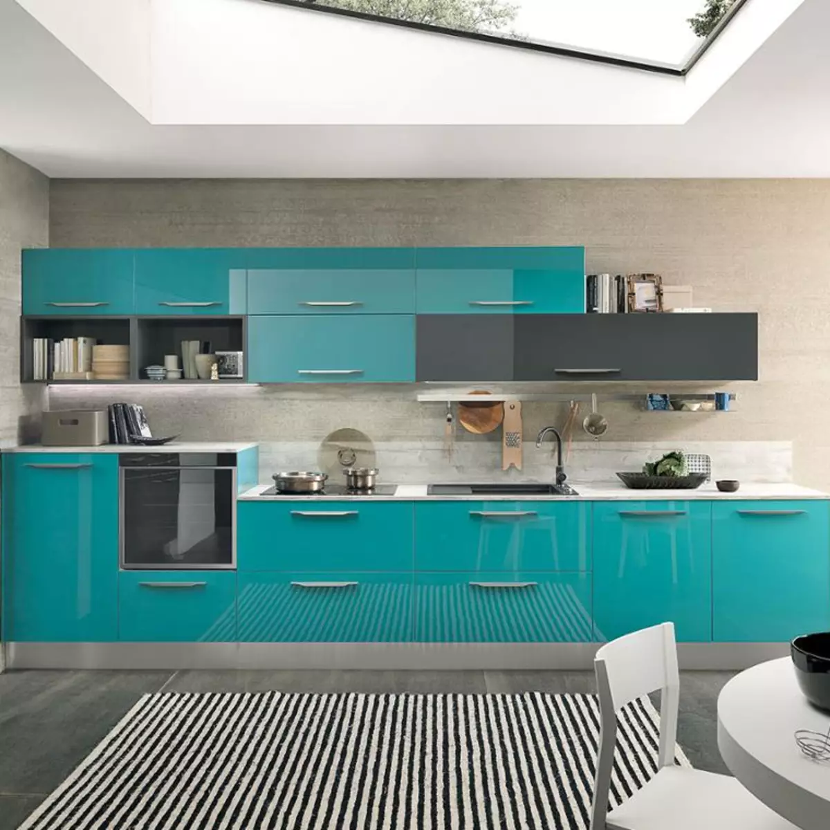 Turquoise kitchen (80 photos): selection of kitchen headset of turquoise-white and gray-turquoise color in the interior, combination of turquoise with beige and Tiffany's color 21083_11