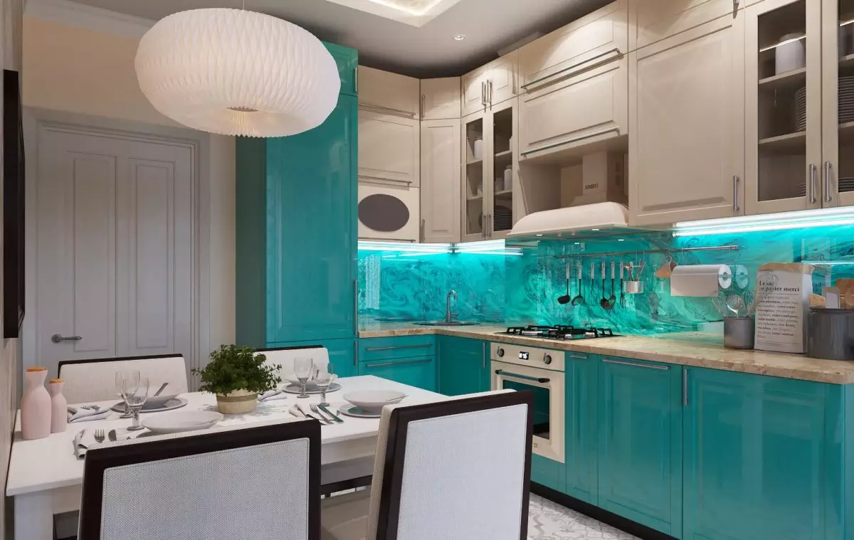 Turquoise kitchen (80 photos): selection of kitchen headset of turquoise-white and gray-turquoise color in the interior, combination of turquoise with beige and Tiffany's color 21083_15