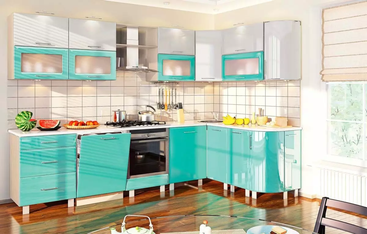 Turquoise kitchen (80 photos): selection of kitchen headset of turquoise-white and gray-turquoise color in the interior, combination of turquoise with beige and Tiffany's color 21083_16