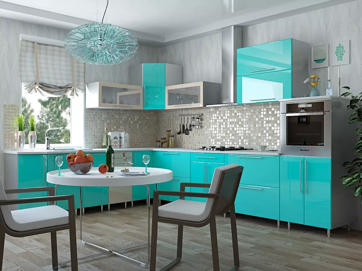 Turquoise kitchen (80 photos): selection of kitchen headset of turquoise-white and gray-turquoise color in the interior, combination of turquoise with beige and Tiffany's color 21083_17