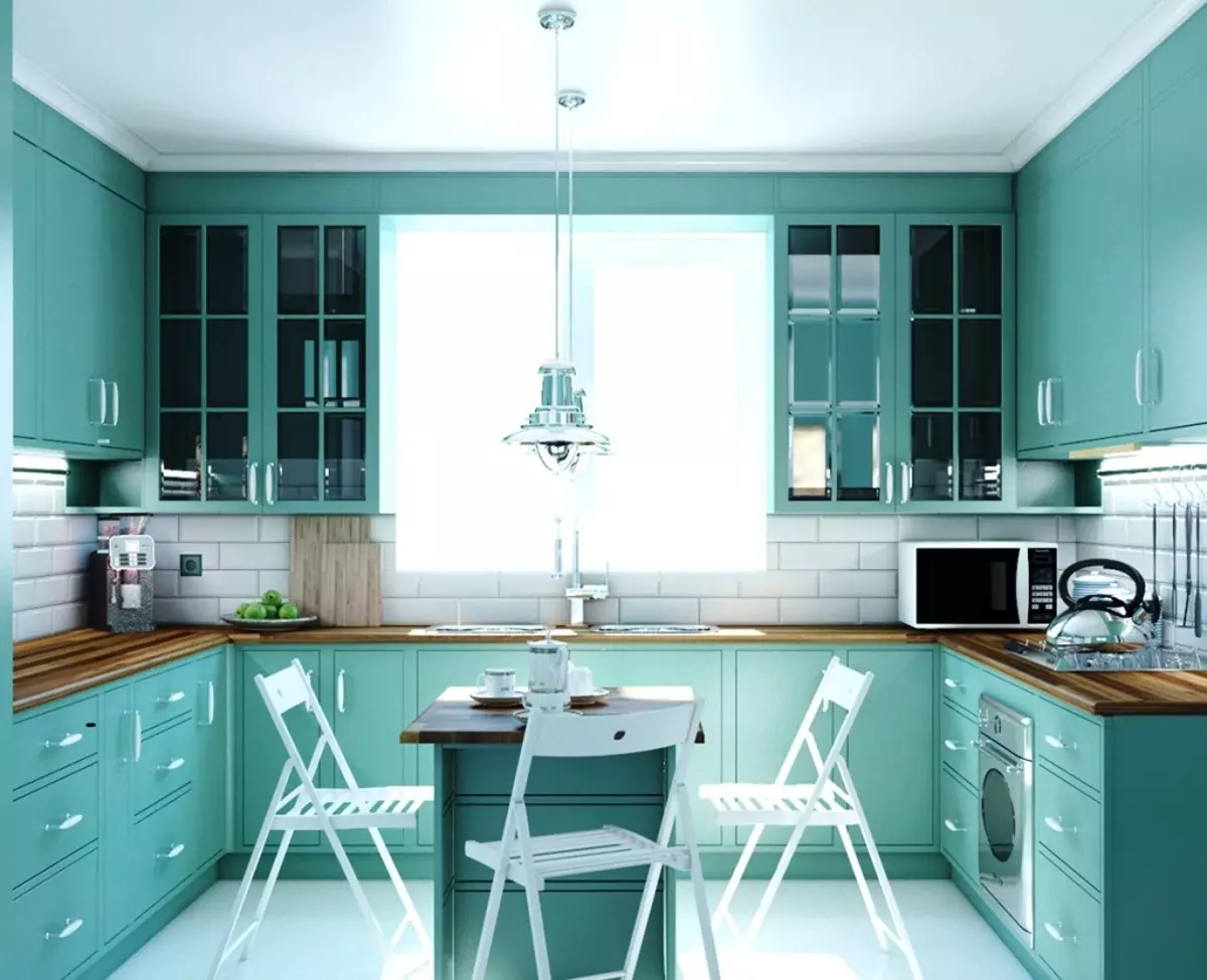 آشپزخانه فیروزه ای (80 عکس): انتخاب هدست آشپزخانه رنگ فیروزه ای سفید و رنگ خاکستری فیروزه ای در داخل، ترکیبی از فیروزه ای با رنگ بژ و تیفانی 21083_22