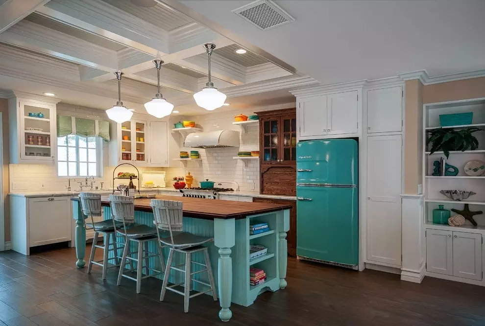 Turquoise kitchen (80 photos): selection of kitchen headset of turquoise-white and gray-turquoise color in the interior, combination of turquoise with beige and Tiffany's color 21083_24
