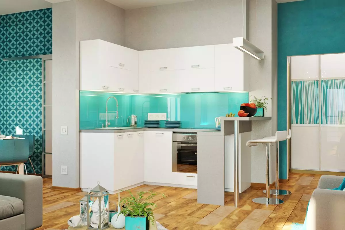 Turquoise kitchen (80 photos): selection of kitchen headset of turquoise-white and gray-turquoise color in the interior, combination of turquoise with beige and Tiffany's color 21083_33