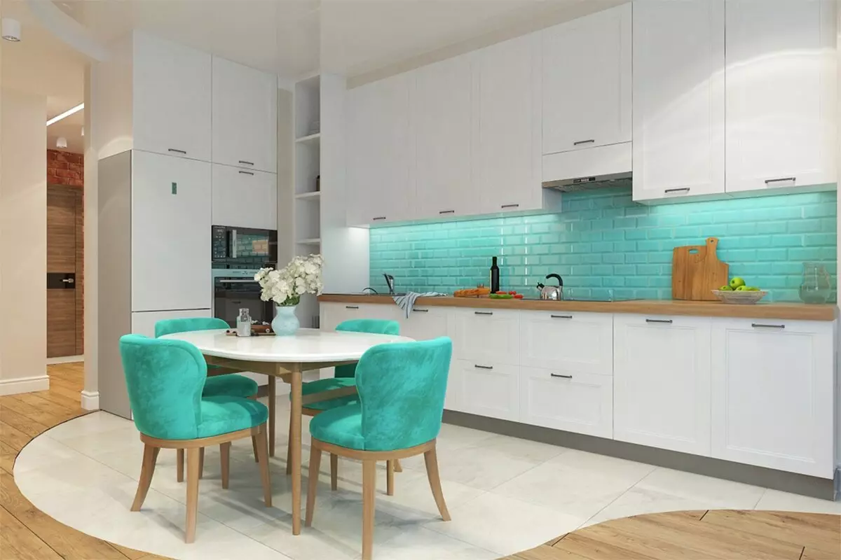 Turquoise kitchen (80 photos): selection of kitchen headset of turquoise-white and gray-turquoise color in the interior, combination of turquoise with beige and Tiffany's color 21083_34