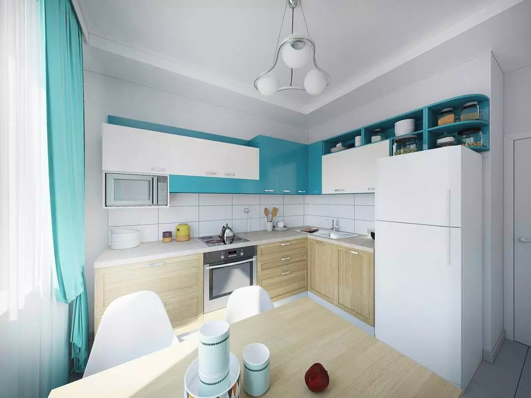 Cucina turchese (80 foto): Selezione di cuffia da cucina di colore turchese-bianco e grigio-turchese nell'interno, combinazione di turchese con il colore beige e Tiffany 21083_36
