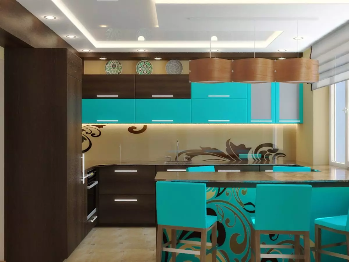 Turquoise kitchen (80 photos): selection of kitchen headset of turquoise-white and gray-turquoise color in the interior, combination of turquoise with beige and Tiffany's color 21083_42