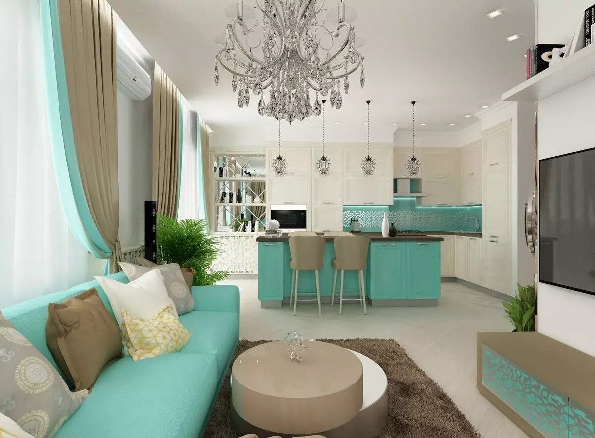 Turquoise kitchen (80 photos): selection of kitchen headset of turquoise-white and gray-turquoise color in the interior, combination of turquoise with beige and Tiffany's color 21083_48