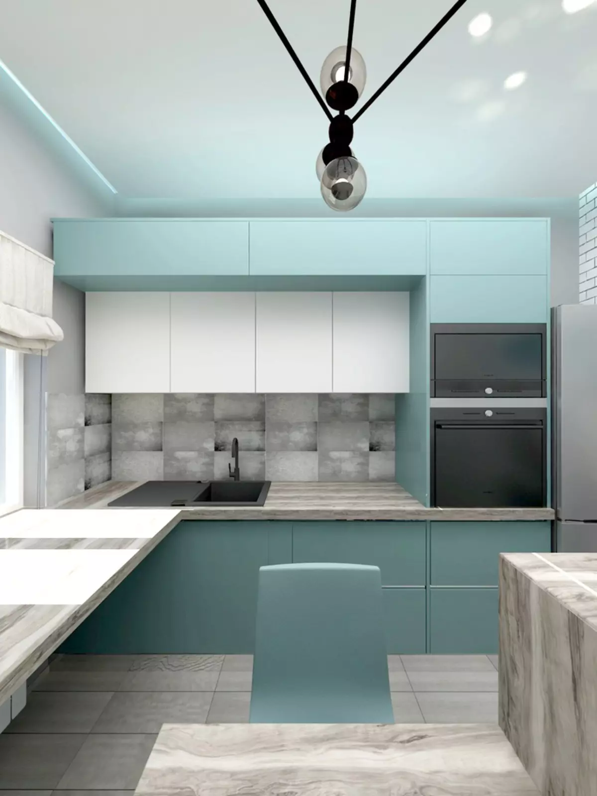 Turquoise kitchen (80 photos): selection of kitchen headset of turquoise-white and gray-turquoise color in the interior, combination of turquoise with beige and Tiffany's color 21083_54