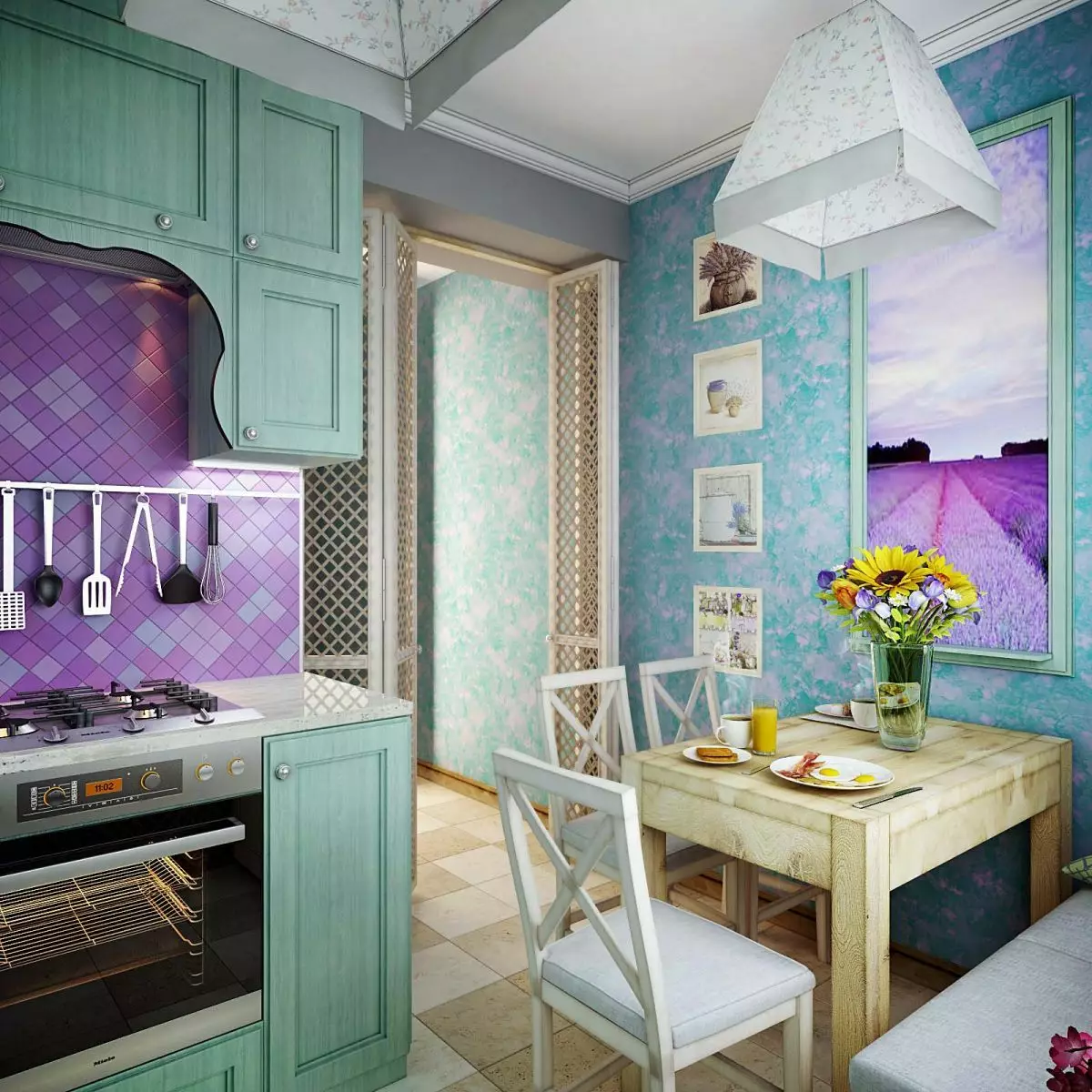 Cucina turchese (80 foto): Selezione di cuffia da cucina di colore turchese-bianco e grigio-turchese nell'interno, combinazione di turchese con il colore beige e Tiffany 21083_59