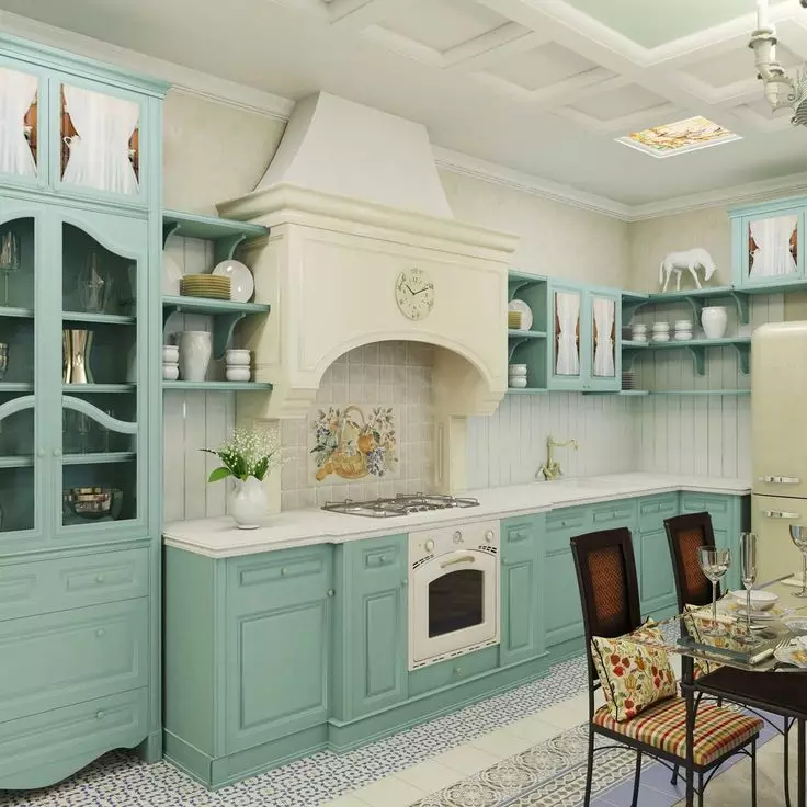 Cucina turchese (80 foto): Selezione di cuffia da cucina di colore turchese-bianco e grigio-turchese nell'interno, combinazione di turchese con il colore beige e Tiffany 21083_60