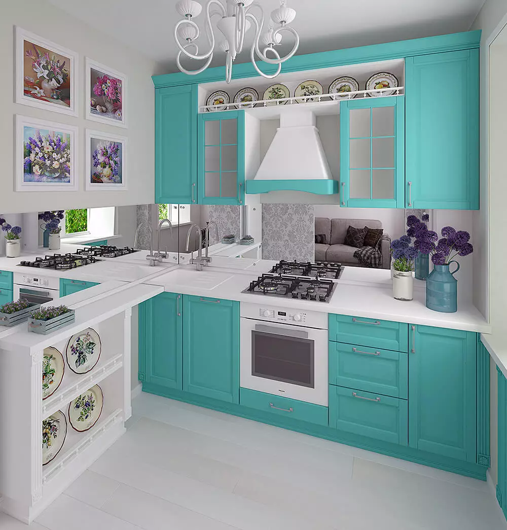 Nhà bếp màu ngọc lam (80 ảnh): Lựa chọn tai nghe nhà bếp màu trắng ngọc lam và màu xám nâu trong nội thất, sự kết hợp của màu ngọc lam với màu be và Tiffany 21083_61