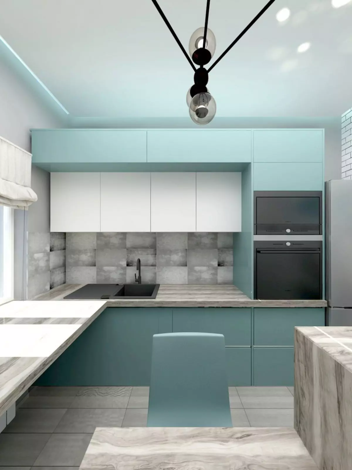 آشپزخانه فیروزه ای (80 عکس): انتخاب هدست آشپزخانه رنگ فیروزه ای سفید و رنگ خاکستری فیروزه ای در داخل، ترکیبی از فیروزه ای با رنگ بژ و تیفانی 21083_7