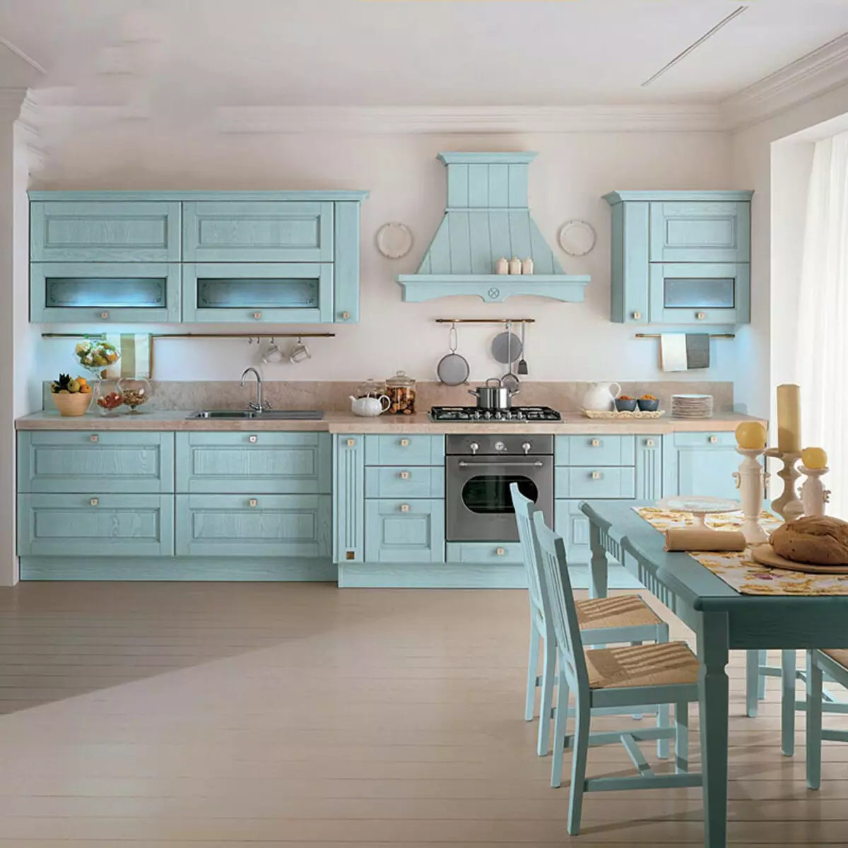 Nhà bếp màu ngọc lam (80 ảnh): Lựa chọn tai nghe nhà bếp màu trắng ngọc lam và màu xám nâu trong nội thất, sự kết hợp của màu ngọc lam với màu be và Tiffany 21083_9