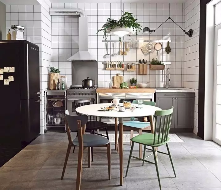 Кухиња у скандинавском стилу (116 фотографија): Дизајн ентеријера Кухиња дневна соба, бела и сива боја у малој соби, постери и завесама, позадини и кухињи у кухињи 21087_109