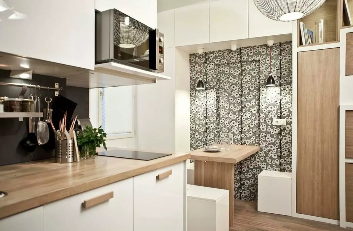 Köök Skandinaavia stiilis (116 fotot): sisekujundus köögi elutuba, valge ja hall värvid väikeses ruumis, plakatid ja kardinad, tapeet ja köögis asuvad köögis 21087_14