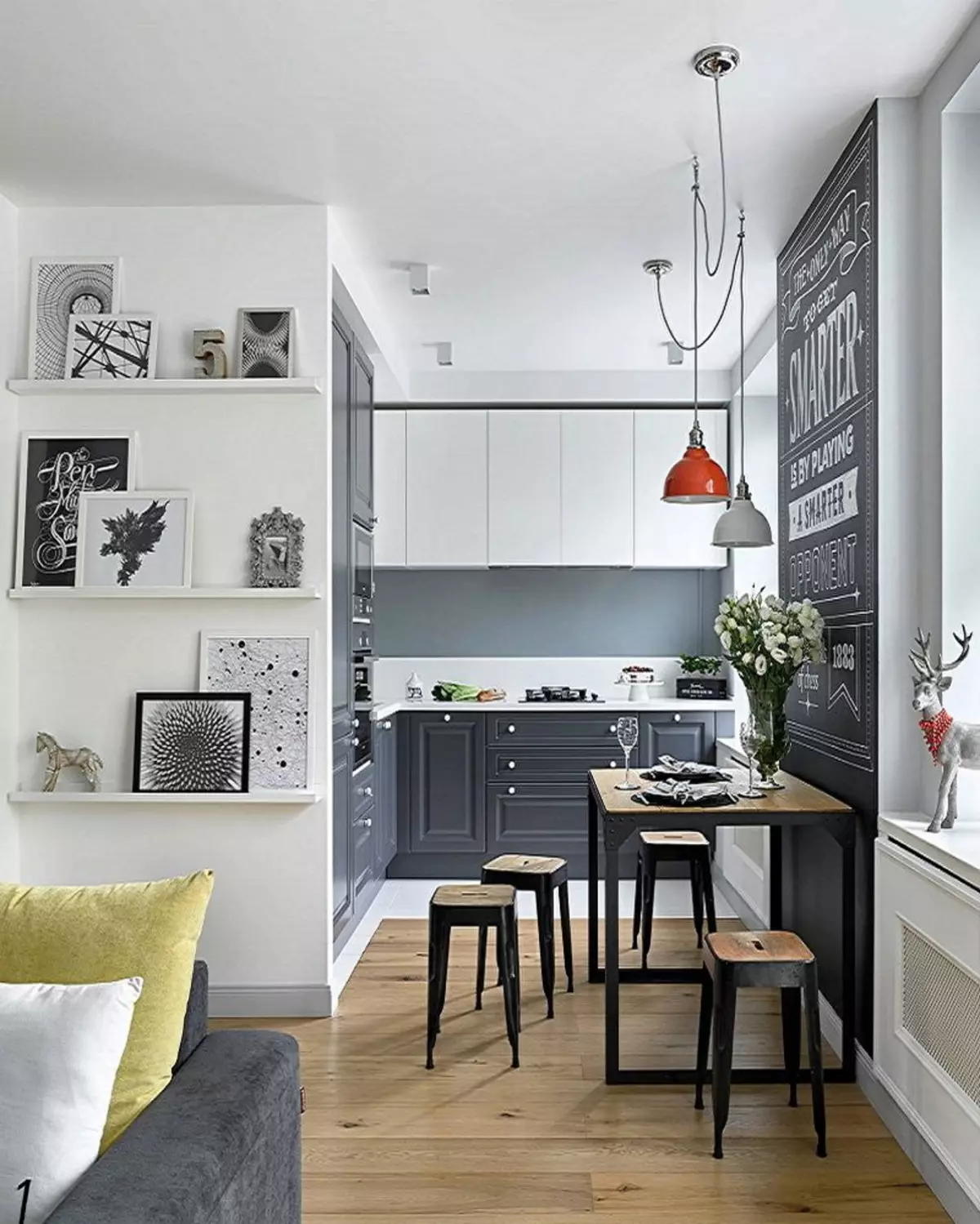 Köök Skandinaavia stiilis (116 fotot): sisekujundus köögi elutuba, valge ja hall värvid väikeses ruumis, plakatid ja kardinad, tapeet ja köögis asuvad köögis 21087_4