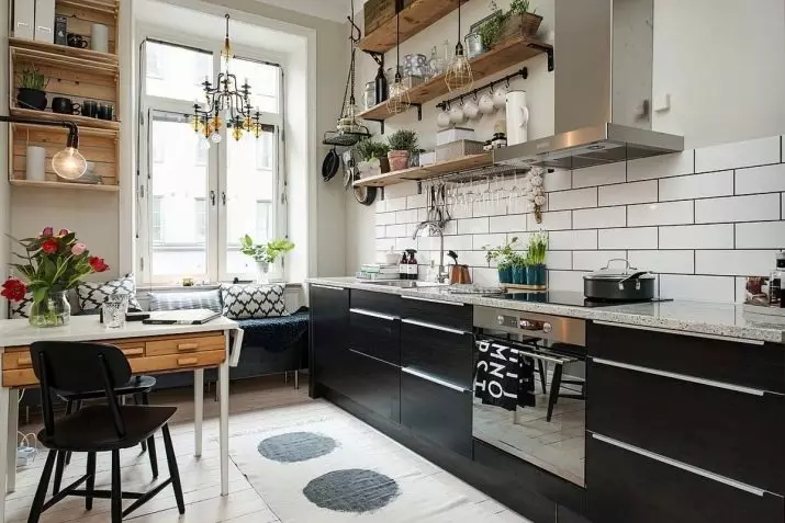Köök Skandinaavia stiilis (116 fotot): sisekujundus köögi elutuba, valge ja hall värvid väikeses ruumis, plakatid ja kardinad, tapeet ja köögis asuvad köögis 21087_42