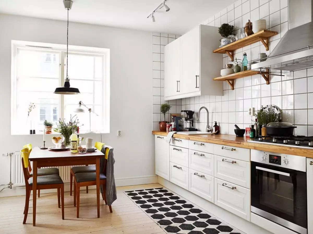 Köök Skandinaavia stiilis (116 fotot): sisekujundus köögi elutuba, valge ja hall värvid väikeses ruumis, plakatid ja kardinad, tapeet ja köögis asuvad köögis 21087_49