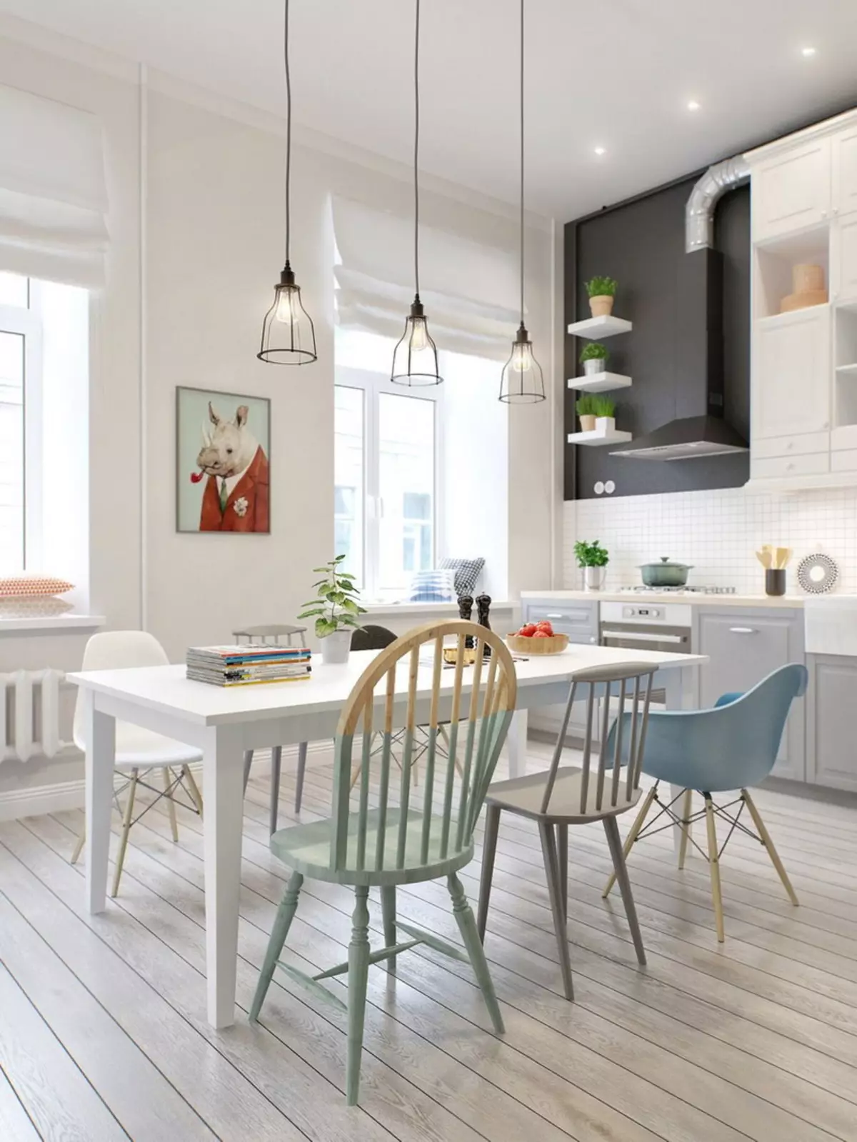 Köök Skandinaavia stiilis (116 fotot): sisekujundus köögi elutuba, valge ja hall värvid väikeses ruumis, plakatid ja kardinad, tapeet ja köögis asuvad köögis 21087_5