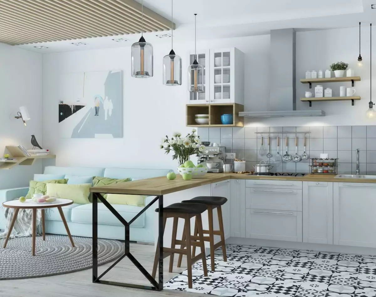 Köök Skandinaavia stiilis (116 fotot): sisekujundus köögi elutuba, valge ja hall värvid väikeses ruumis, plakatid ja kardinad, tapeet ja köögis asuvad köögis 21087_51
