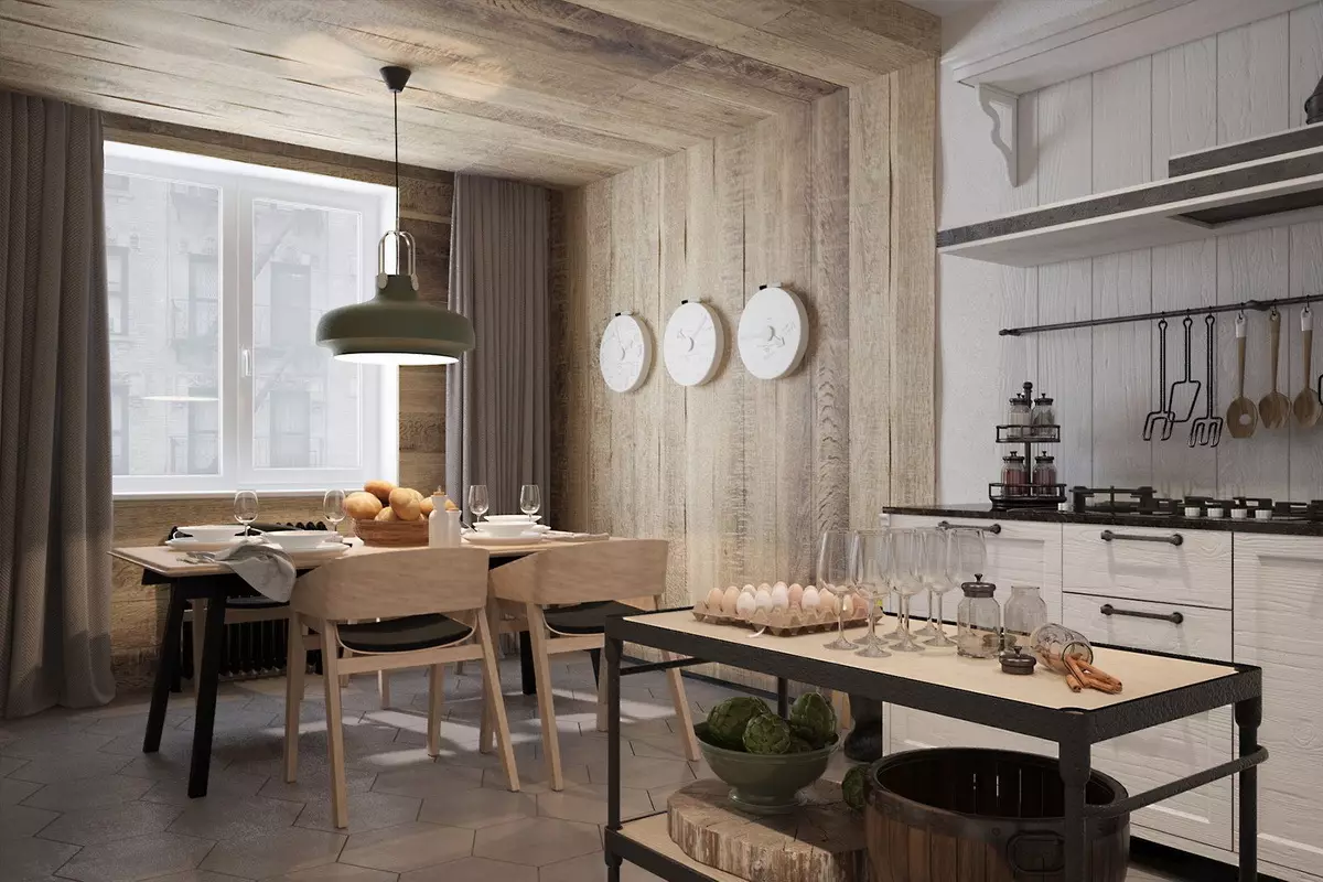 Köök Skandinaavia stiilis (116 fotot): sisekujundus köögi elutuba, valge ja hall värvid väikeses ruumis, plakatid ja kardinad, tapeet ja köögis asuvad köögis 21087_53
