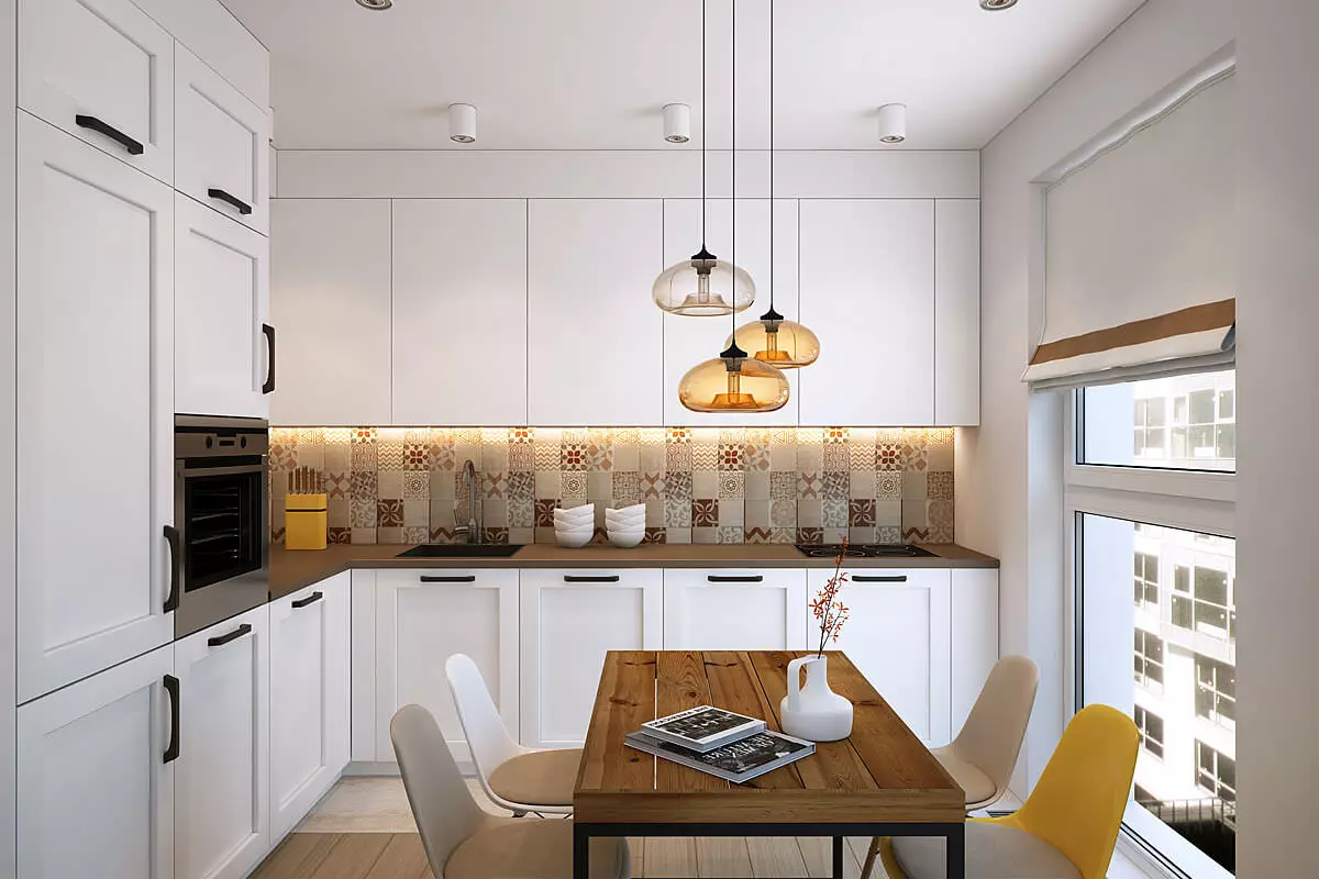 Кухиња у скандинавском стилу (116 фотографија): Дизајн ентеријера Кухиња дневна соба, бела и сива боја у малој соби, постери и завесама, позадини и кухињи у кухињи 21087_57