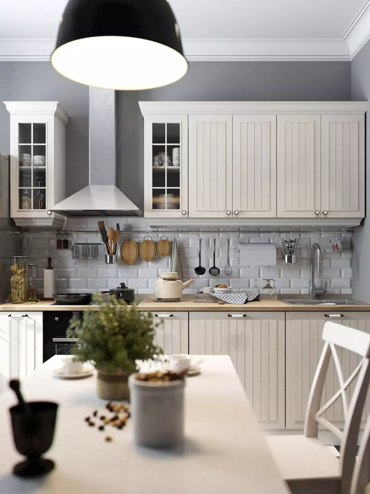Köök Skandinaavia stiilis (116 fotot): sisekujundus köögi elutuba, valge ja hall värvid väikeses ruumis, plakatid ja kardinad, tapeet ja köögis asuvad köögis 21087_6