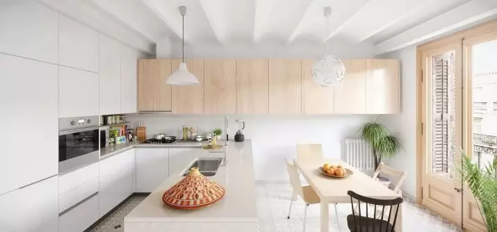 Кухиња у скандинавском стилу (116 фотографија): Дизајн ентеријера Кухиња дневна соба, бела и сива боја у малој соби, постери и завесама, позадини и кухињи у кухињи 21087_60