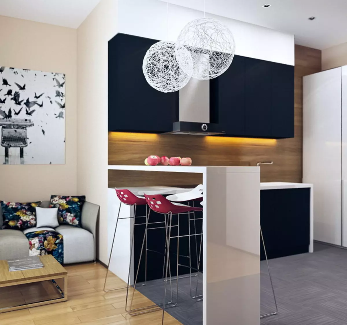 Köök Skandinaavia stiilis (116 fotot): sisekujundus köögi elutuba, valge ja hall värvid väikeses ruumis, plakatid ja kardinad, tapeet ja köögis asuvad köögis 21087_85
