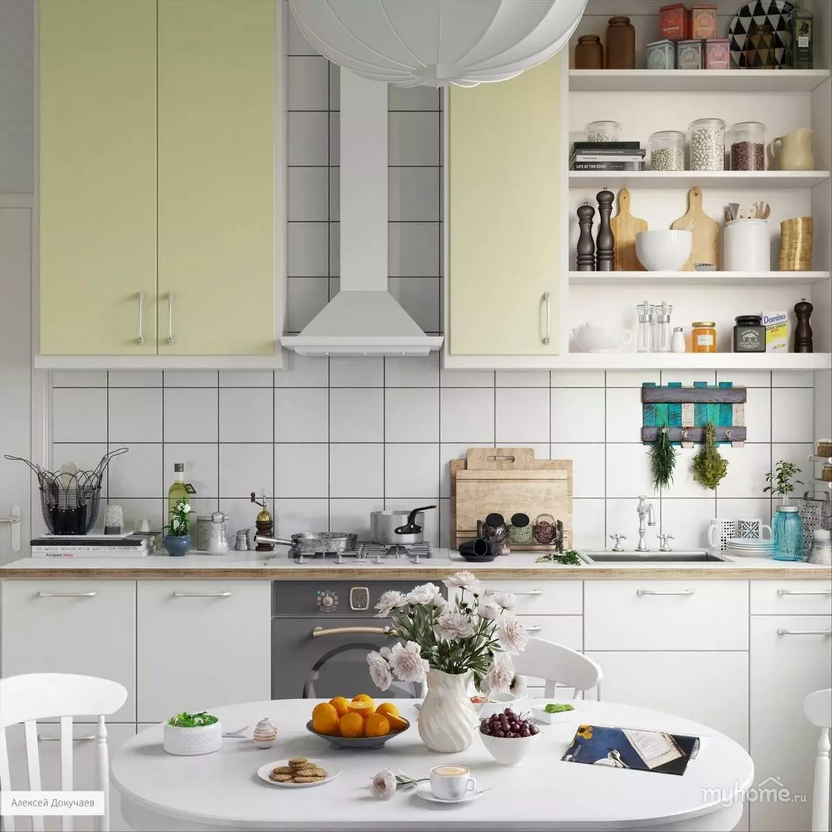 Köök Skandinaavia stiilis (116 fotot): sisekujundus köögi elutuba, valge ja hall värvid väikeses ruumis, plakatid ja kardinad, tapeet ja köögis asuvad köögis 21087_92