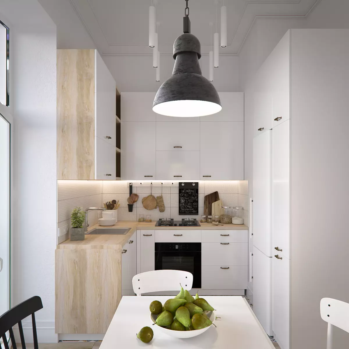 Köök Skandinaavia stiilis (116 fotot): sisekujundus köögi elutuba, valge ja hall värvid väikeses ruumis, plakatid ja kardinad, tapeet ja köögis asuvad köögis 21087_94
