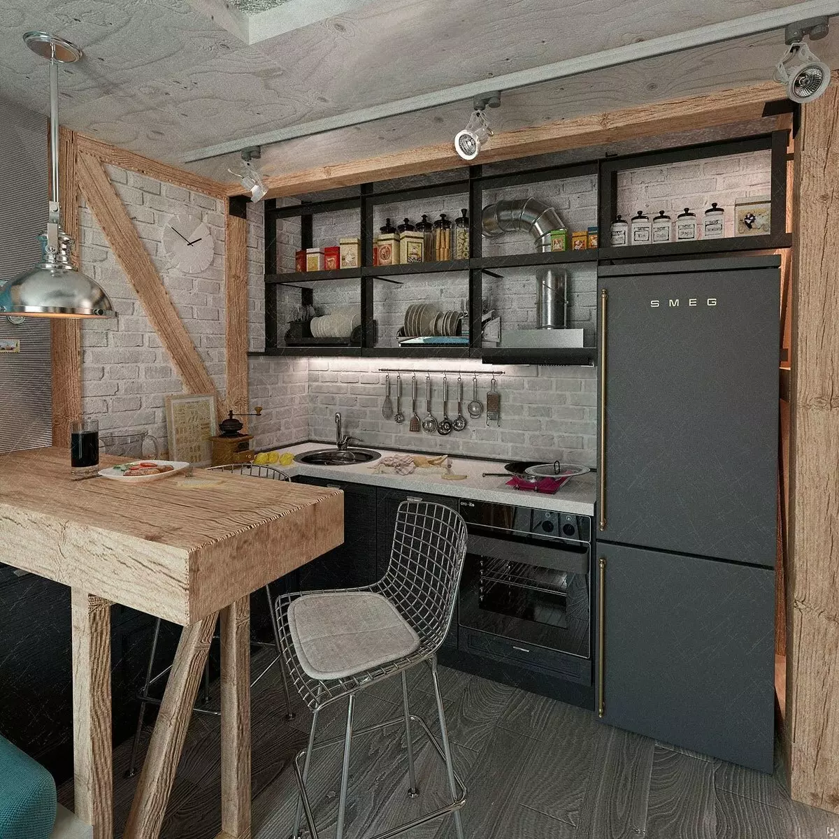 Loft kombuise in hok styl (52 foto's): styl beskik oor in die 