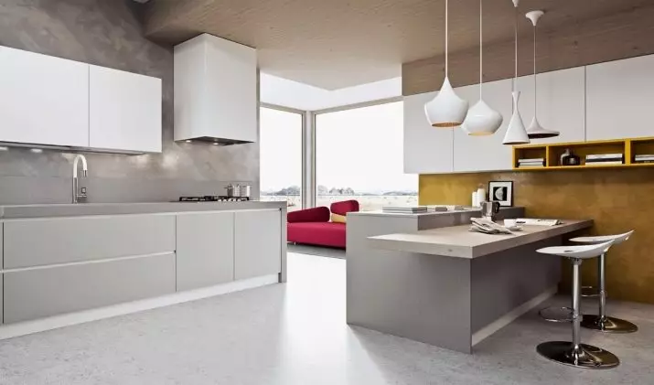 Խոհանոց ոճով մինիմալիզմում (75 լուսանկար). Խոհանոցային-կենդանի սենյակների ինտերիեր `մինիմալիստական ​​ոճով, անկյունի ընտրություն եւ սպիտակ եւ այլ գույների ուղղակի խոհանոցներ 21094_11