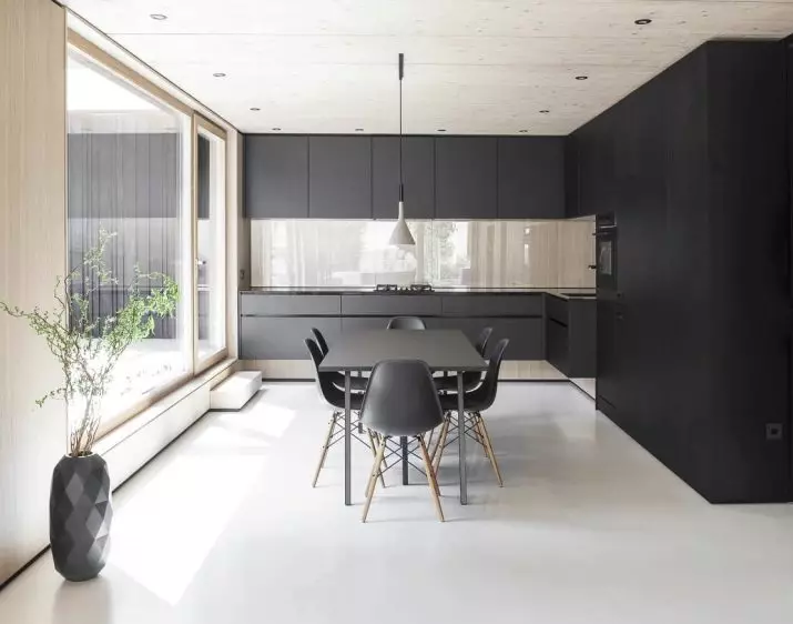 style minimalizm (75 Suratlar) Mutfak: aşhana-ýaşaýan minimalist stili otag, burçdaky saýlawlar we ak we beýleki reňk göni aşhana we içerki öndürilen 21094_13
