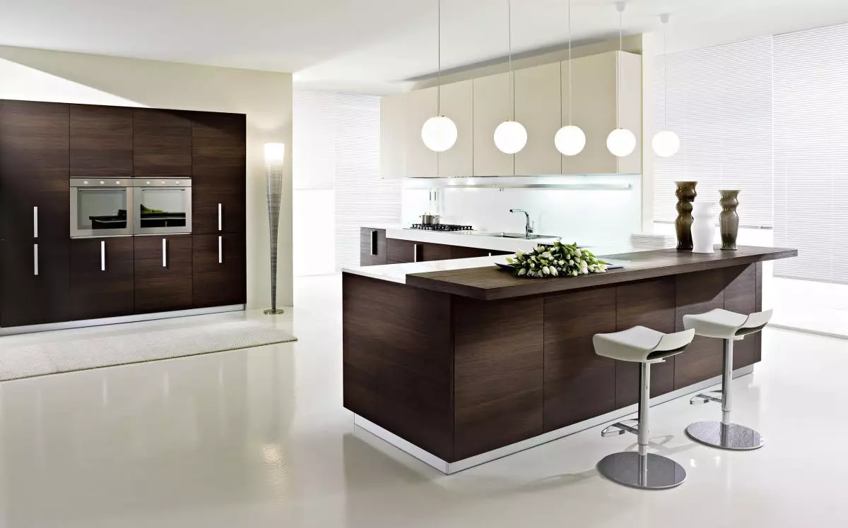 style minimalizm (75 Suratlar) Mutfak: aşhana-ýaşaýan minimalist stili otag, burçdaky saýlawlar we ak we beýleki reňk göni aşhana we içerki öndürilen 21094_22