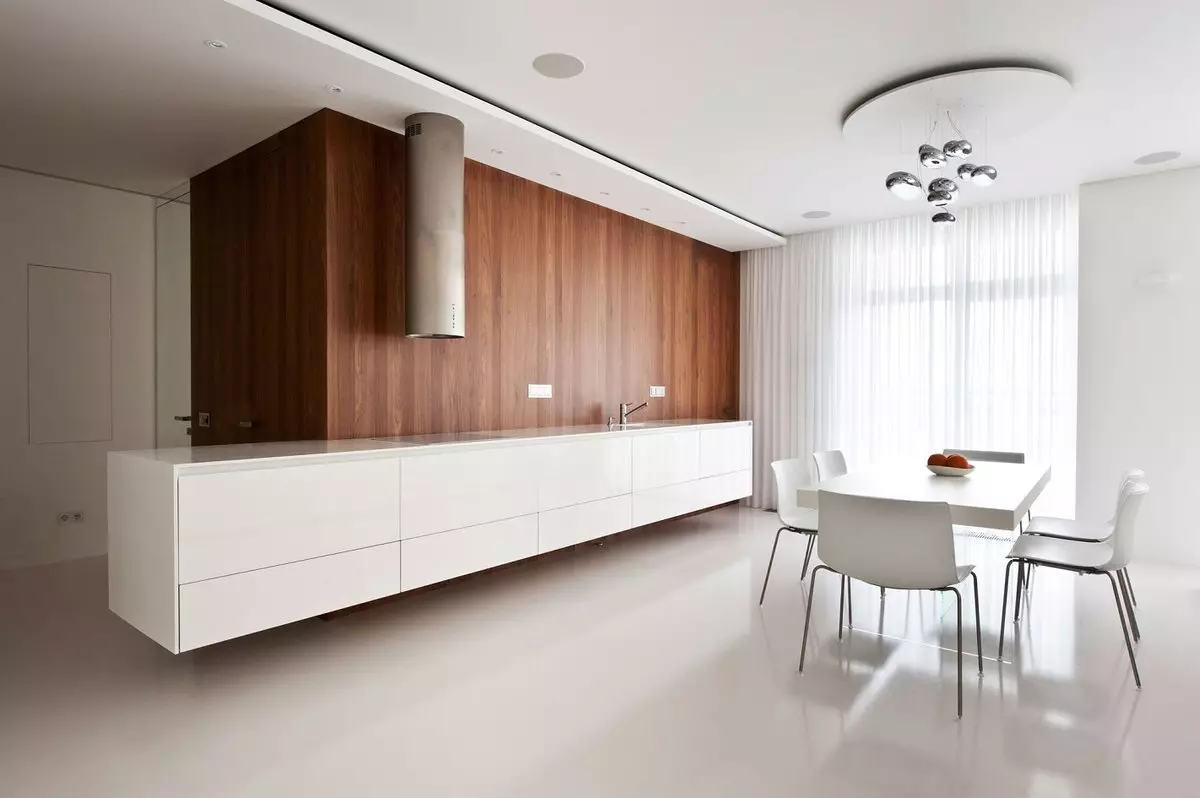 style minimalizm (75 Suratlar) Mutfak: aşhana-ýaşaýan minimalist stili otag, burçdaky saýlawlar we ak we beýleki reňk göni aşhana we içerki öndürilen 21094_23