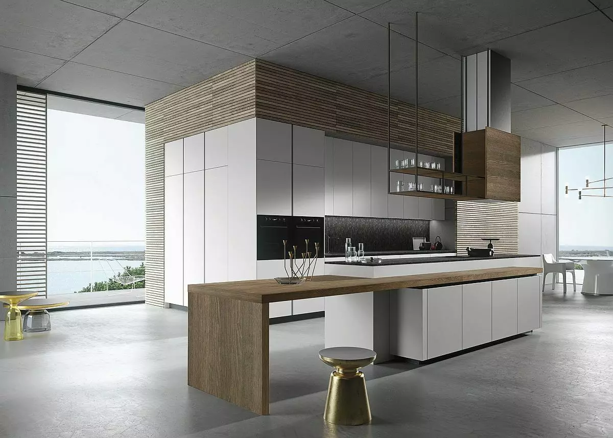 style minimalizm (75 Suratlar) Mutfak: aşhana-ýaşaýan minimalist stili otag, burçdaky saýlawlar we ak we beýleki reňk göni aşhana we içerki öndürilen 21094_26