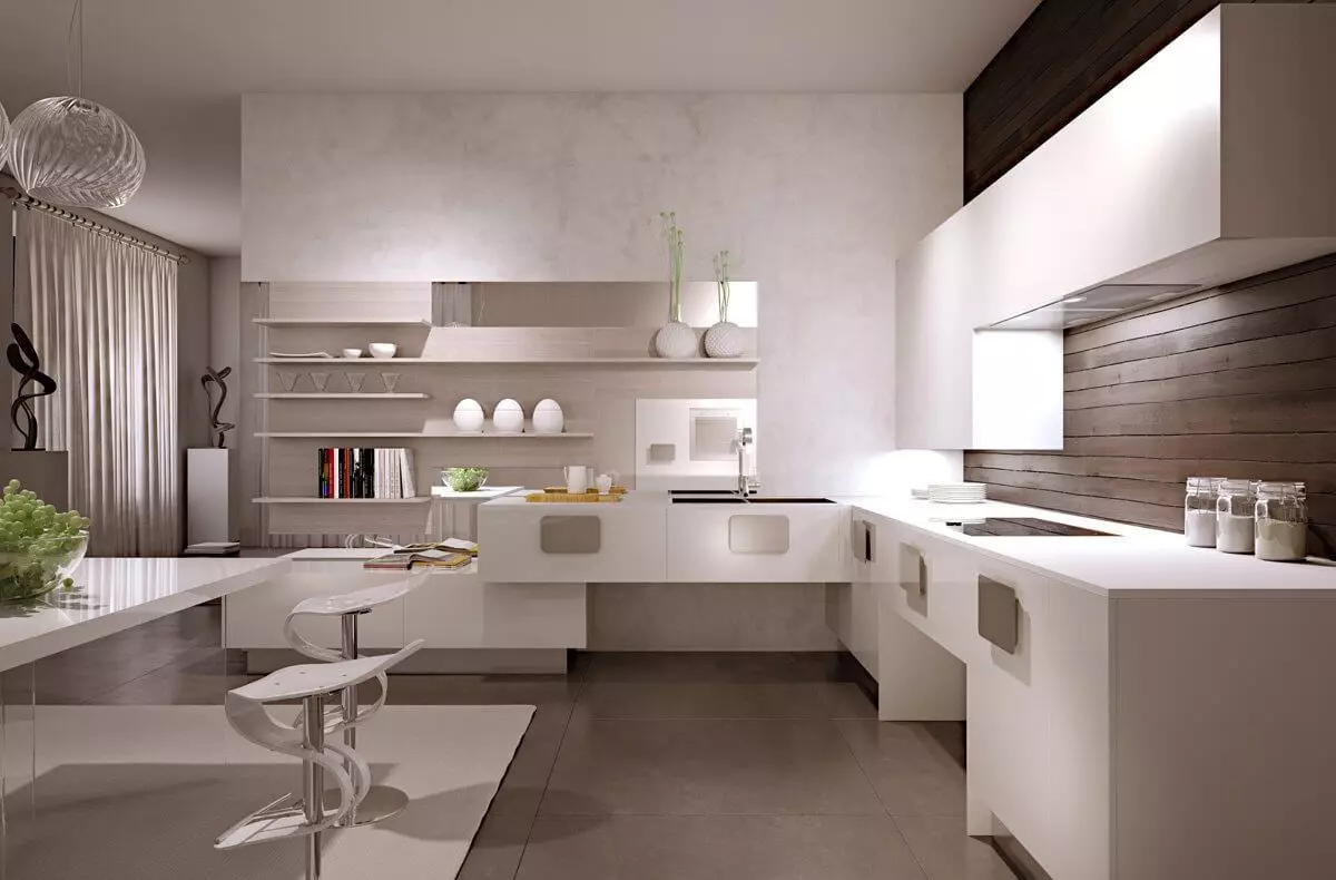 Խոհանոց ոճով մինիմալիզմում (75 լուսանկար). Խոհանոցային-կենդանի սենյակների ինտերիեր `մինիմալիստական ​​ոճով, անկյունի ընտրություն եւ սպիտակ եւ այլ գույների ուղղակի խոհանոցներ 21094_33