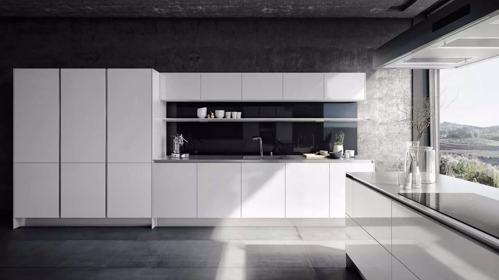 style minimalizm (75 Suratlar) Mutfak: aşhana-ýaşaýan minimalist stili otag, burçdaky saýlawlar we ak we beýleki reňk göni aşhana we içerki öndürilen 21094_36