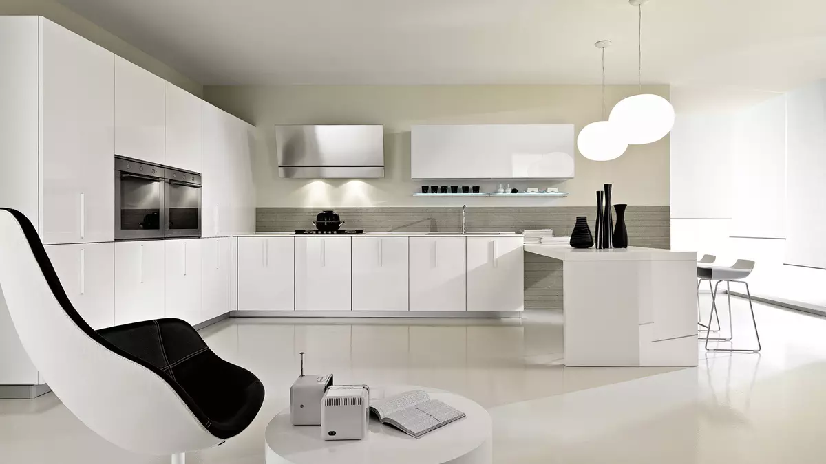 Խոհանոց ոճով մինիմալիզմում (75 լուսանկար). Խոհանոցային-կենդանի սենյակների ինտերիեր `մինիմալիստական ​​ոճով, անկյունի ընտրություն եւ սպիտակ եւ այլ գույների ուղղակի խոհանոցներ 21094_43