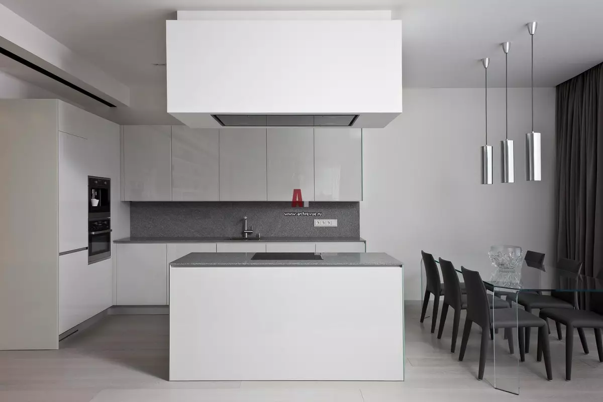 style minimalizm (75 Suratlar) Mutfak: aşhana-ýaşaýan minimalist stili otag, burçdaky saýlawlar we ak we beýleki reňk göni aşhana we içerki öndürilen 21094_44