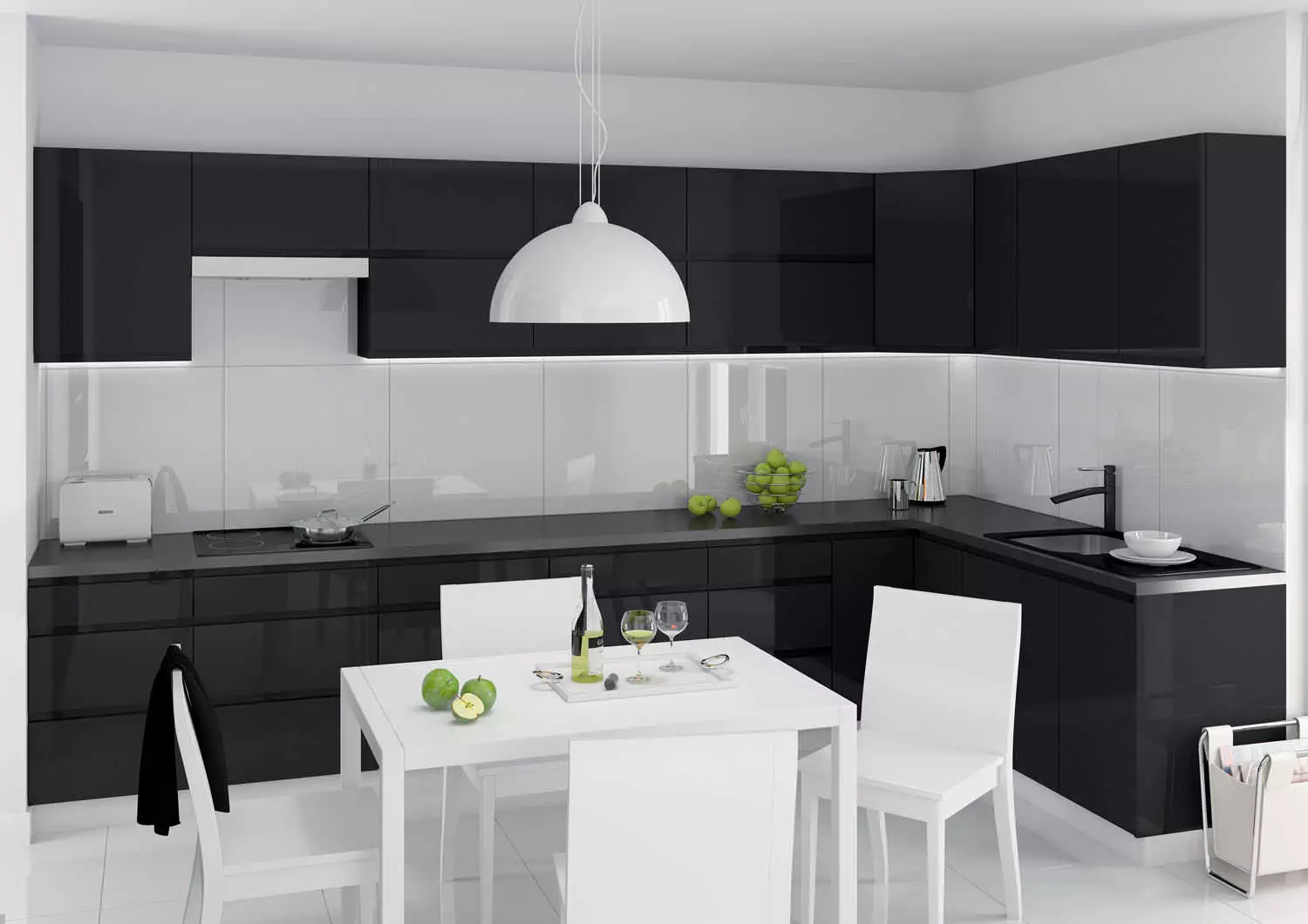 Խոհանոց ոճով մինիմալիզմում (75 լուսանկար). Խոհանոցային-կենդանի սենյակների ինտերիեր `մինիմալիստական ​​ոճով, անկյունի ընտրություն եւ սպիտակ եւ այլ գույների ուղղակի խոհանոցներ 21094_54